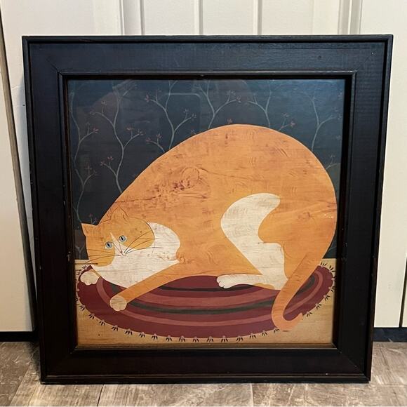 Vintage folk art orange cat on rug framed art - Picture 1 of 7